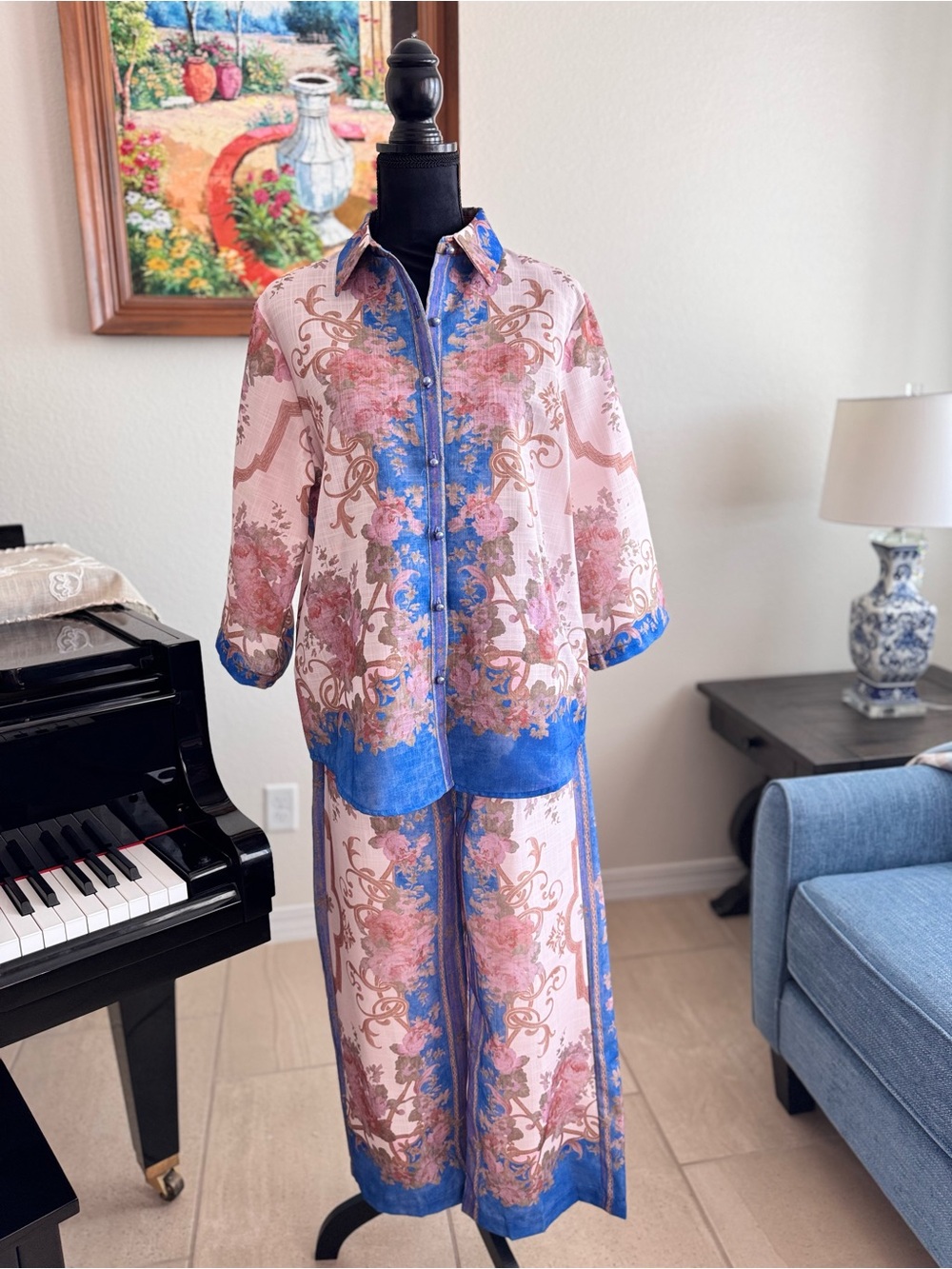 Women's Pink & Blue Printed Linen Jumpsuit - Picture 10 of 16